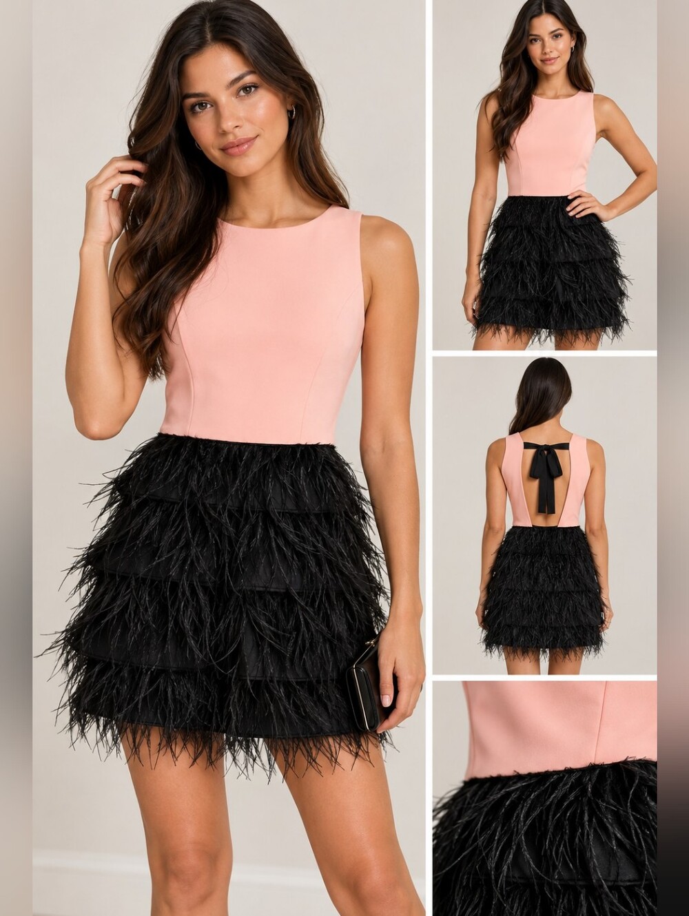 MAIA Peach and Black Dress With Feathers Size 8